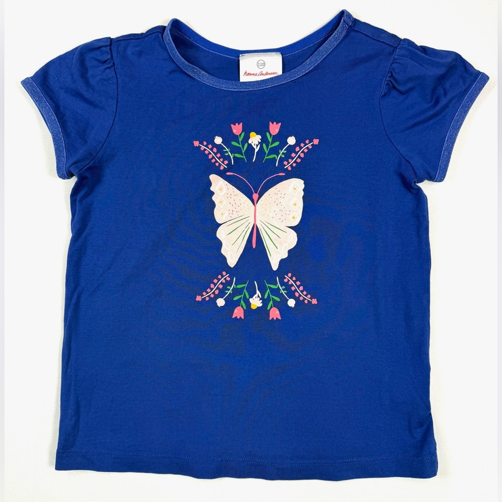 HANNA ANDERSSON Blue Butterfly Floral Graphic‎ T-Shirt Bloomcore Casual Size 5
